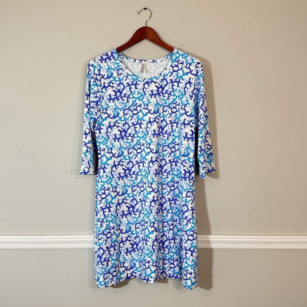 LULU B Blue Smooth Stretch Coral Print 3/4 Sleeve Dress Sz M Travel Resort UPF